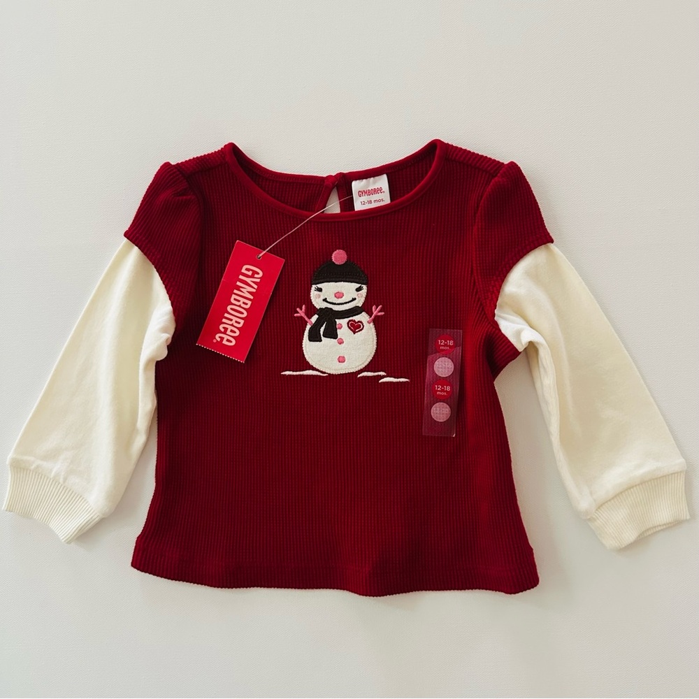 Gymboree 12-18 Months Baby Girl Red Snowman Long Sleeve Tee Holiday Christmas
